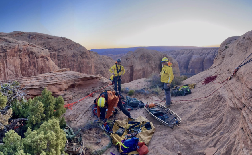 Grand County Search and Rescue team and county Emergency Medical Service respond to a climbing accident between two sandstone fins high above the Colorado River.