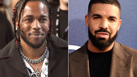 FILE - In this combination of images, Kendrick Lamar, left, appears at the MTV Video Music Awards on Aug. 27, 2017, in Inglewood, Calif., and Drake, right, appears at the premiere of the series "Euphoria," in Los Angeles on June 4, 2019. (AP Photos/Chris Pizzello, File)