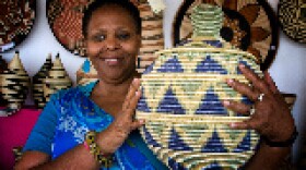 Janet Nkubana of the Gahaya Links Cooperatives, Rwanda, at the Santa Fe International Folk Art Market.