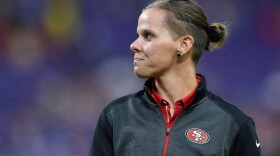 Assistant coach Katie Sowers of the San Francisco 49ers looks on before the preseason game against the Minnesota Vikings on August 27, 2017. (Hannah Foslien/Getty Images)