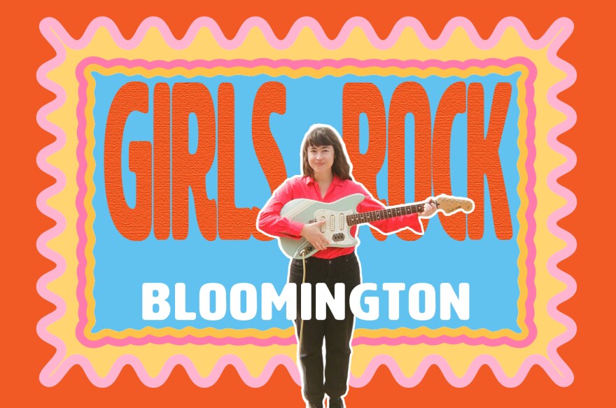 A woman holding an electric guitar and smiling with the words GIRLS ROCK BLOOMINGTON in bright lettering behind and across her, and a border of wavy orange, pink, and yellow