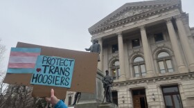 People rally in support of transgender rights outside of the Indiana Statehouse on Feb. 5, 2025.