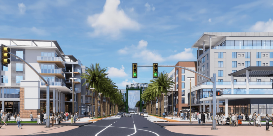 Esta es una representación conceptual que muestra el Distrito Fletcher en USF Genshaft Drive en Fletcher Avenue en el campus de USF en Tampa. La primera fase de 27 acres de la reurbanización del antiguo campo de golf "Claw" podría comenzar esta primavera y completarse para el otoño de 2028.