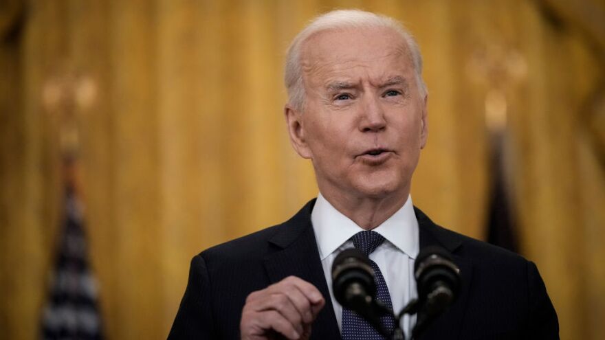 President Biden delivers remarks on the economy in the East Room of the White House on Monday, pushing back on critics who say the American Rescue Plan is making the economy worse.