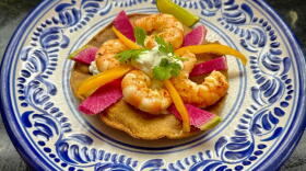 Shrimp tostadas with lime-cilantro cream, radishes, and peppers. (Kathy Gunst/Here & Now)