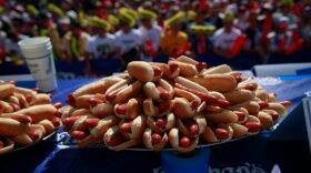 A plate full of hot dogs is seen during the 2022 Nathans Famous Fourth of July International Hot Dog Eating Contest in New York City. The contest, which has happened every year since 1972, has returned in front of Nathan’s Famous on Surf Avenue this year.