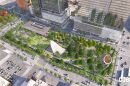 A rendering of a park downtown