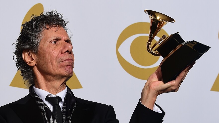 Chick Corea, holding a freshly won Grammy in the award ceremony's press room in LA on Feb. 8, 2015.