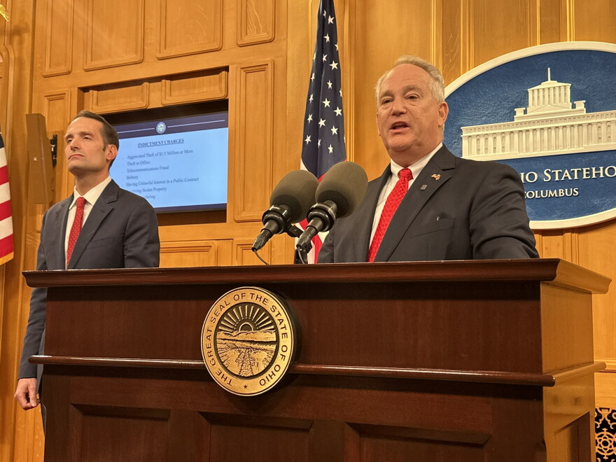 Ohio Auditor Keith Faber speaks at a press conference announcing the indictment on Oct. 7, 2026. To his left is U.S. Under Secretary of Education Nicholas Kent.