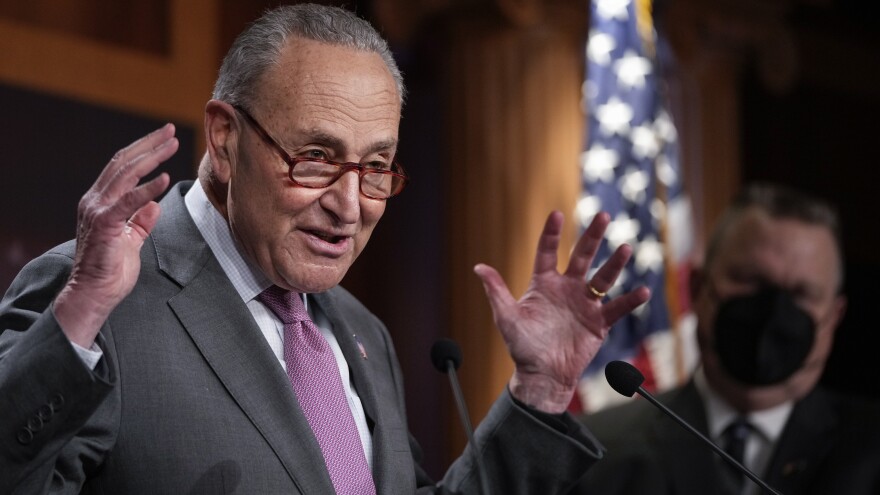 Senate Majority Leader Chuck Schumer, D-N.Y., speaks during a news conference at the U.S. Capitol on Tuesday. Senate Democrats are trying to advance voting rights legislation, which would require changing Senate rules to pass.