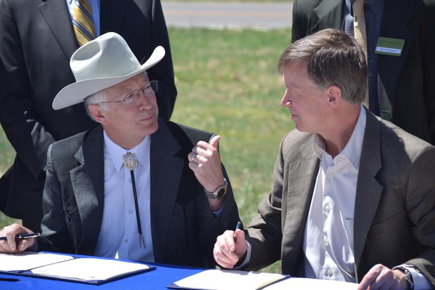 Interior Sec. Ken Salazar met with Governor John Hickenlooper briefly in Commerce City Friday.