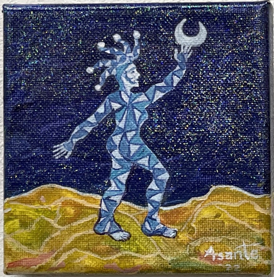 Asante Riverwind, "Keeping the Moon Up in the Sky II,"acrylic on canvas.