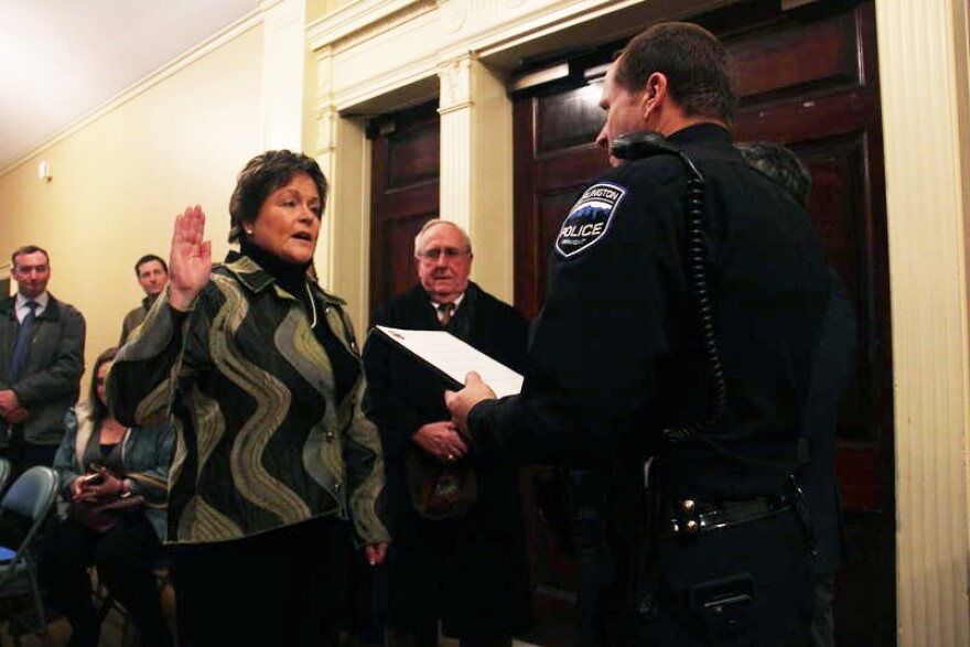 Jennifer Morrison being sworn in as interim chief of the Burlington Police.