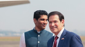 U.S. Secretary of State Marco Rubio walks past Dr. Rajesh Gawande, the secretary of protocol of the government of Maharashtra, ahead of boarding a plane en route to Jamnagar, India, at Chhatrapati Shivaji Maharaj International Airport in Mumbai, India, Wednesday, Oct. 21, 2026.