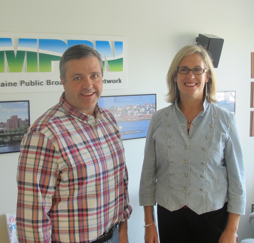 Dan Demeritt and Cynthia Dill (r.) Democratic pundit at the MPBN studios in Portland.