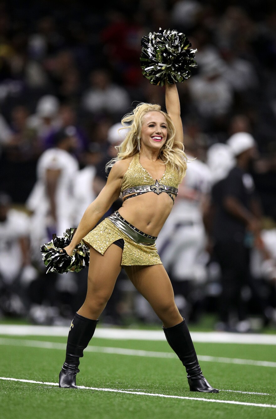 Bailey Davis performs with the Saintsations cheerleaders at the Mercedes-Benz Superdome on August 31, 2017 in New Orleans. Davis was fired from the Saintsations after posting a photo of herself wearing a one-piece body suit on her private Instagram account.