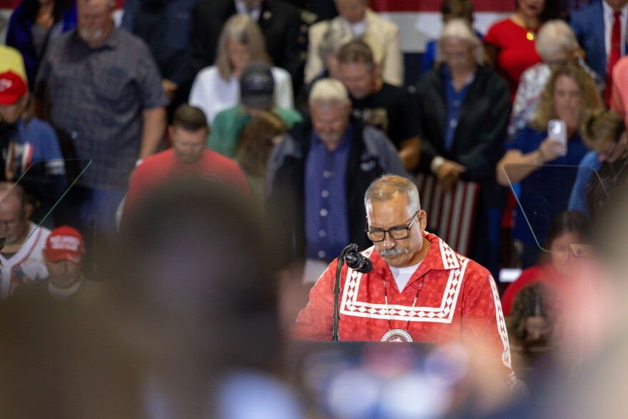 Choctaw Nation Assistant Chief Jack Austin Jr. leads a Christian prayer at President Donald Trump's rally in Durant on Oct. 1.