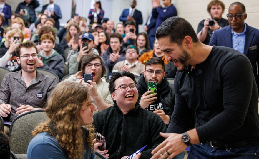 U.S. Senate candidate Abdul El-Sayed makes his entrance to a rally with progressive influencer Hasan Piker at Michigan State University in East Lansing, Mich., on April 7, 2026.