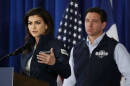 FILE - Florida first lady Casey DeSantis speaks as her husband Republican presidential candidate Florida Gov. Ron DeSantis looks on during a campaign event, Wednesday, May 31, 2023, in Cedar Rapids, Iowa.
