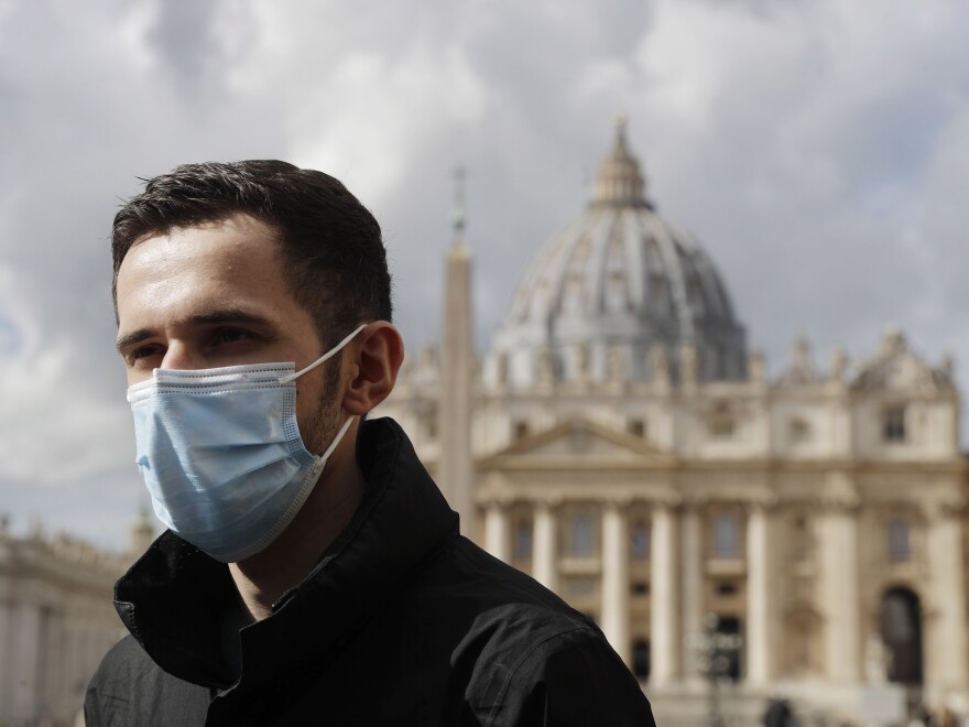 Whistleblower Kamil Jarzembowski meets journalists outside St. Peter's Square at the Vatican, on Oct. 14. He reported the abuse to Roman Catholic Church authorities in 2012. In 2017, he went public. "I saw my roommate being abused by another seminarian," he told an Italian TV investigative program. "I was scared, I didn't understand, it was the first time I saw two people having sex."