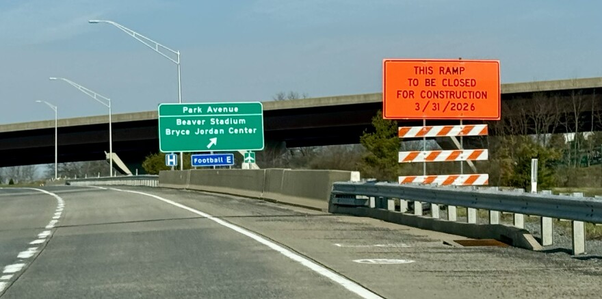 A sign on U.S. Route 322 westbound shows the off-ramp to Park Avenue will close starting Tuesday, March 31, 2026. PennDOT officials say drivers will have to follow a detour for this exit, and for the I-99 southbound exit to Port Matilda. PennDOT expects these detours to stay in place until early June.