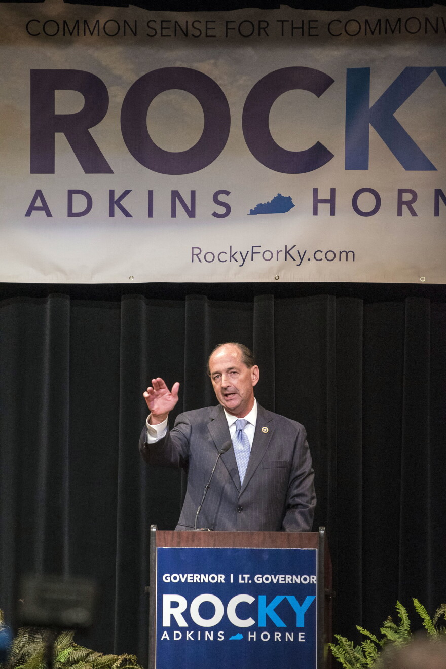 Rocky Adkins, the Kentucky House Minority Floor Leader, announces his candidacy in the May 2019 Democratic gubernatorial primary Wednesday, Nov. 14, 2018, in Morehead, Ky. His running mate is Stephanie Horne, of Louisville. (AP Photo/John Flavell)