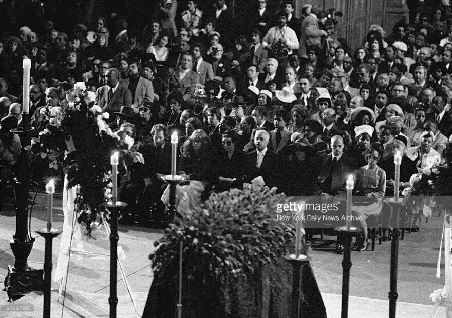 Duke Ellington's funeral on May 27, 1974, with his sister Ruth, son Mercer, and grandson Edward visible in the front pew at the Cathedral of St. John the Divine