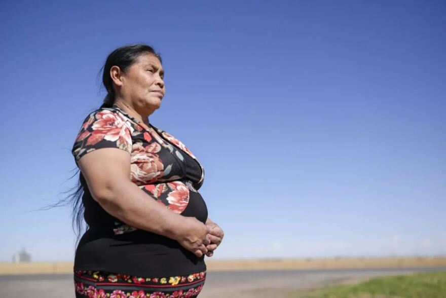 Daniela Manea poses for a photo outside her home in Guymon, Okla., on Sunday, April 12, 2026. On the night of Aug. 5, 2023 at 3:39 P.M. DA drug task force officer Eldon Len Halliburton and Juan Mejia-Garcia’s vehicles collided on Highway 412, mile 33 in Guymon resulting in the death of Juan Mejia-Garcia (49) and Petronila Mejia-Ramos (8). Daniela Manea who was in the car with Juan and Petronila during the time of the incident was severely injured.