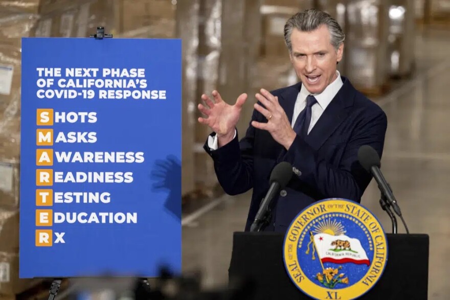 Gov. Gavin Newsom announces the next phase of California's COVID-19 response called "SMARTER," during a press conference in Fontana, Calif. on Feb. 17, 2022. California's COVID-19 emergency declaration ends on Tuesday, Feb. 28, 2023. Gov. Newsom first issued the emergency declaration on March 4, 2020.