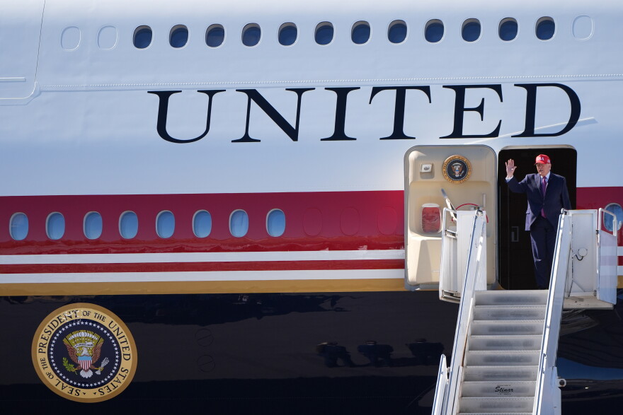 President Donald Trump arrives on Air Force One at Laughlin Bullhead International Airport for a campaign rally, Wednesday, Oct. 14, 2026, in Bullhead, Ariz.