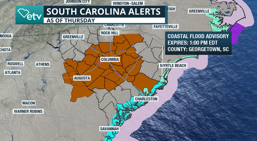 South Carolina map shows a wide range of alerts from a High Surf Advisory in the teal, to a Coastal Flood Advisory in the light green. Inland counties are under a Lake Wind Advisory.