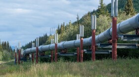 The Trans-Alaska Pipeline winds through the landscape, seen here at pipeline mile 709.7 along the Richardson Highway south of Copper Center, Alaska on August 13, 2024.
