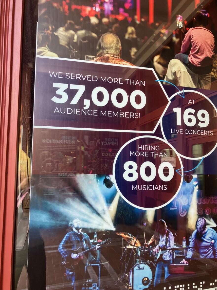 A poster outside the new Redstone Room at Common Chord details some numbers from the 20-year-old venue, which averaged fewer than 10 live concerts a year.