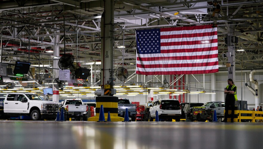An American Flag at the Ford Motor Company Kentucky Truck Plant is seen during a media tour for the launch of the 2025 Ford Expedition in Louisville, Ky., April 30, 2025