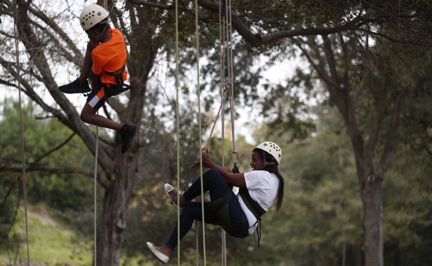 Festival attendees participate in tree climbing during the 2022 Publix Tampa Bay Collard Festival in St. Petersburg, Florida, on Saturday, February 19, 2022. Photo by Octavio Jones for WUSF