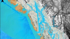 A computer-generated map of Southeast Alaska shows additional land (in brown) beyond today’s shoreline. (Courtesy Jim Baichtal)