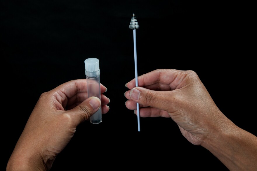 With the CareHPV test, women use the brush to take vaginal tissue samples, then put the specimen into a test tube.