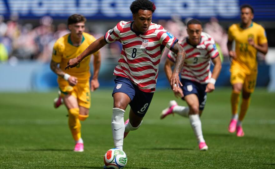 United States' Weston McKennie (8) moves the ball during the World Cup Group D soccer match between the United States and Australia in Seattle, Friday, June 19, 2026. (AP Photo/Lindsey Wasson)