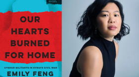 The cover of "Our Hearts Burned for Home" and author Emily Feng. (Courtesy of Columbia Global Reports and An Rong Xu)