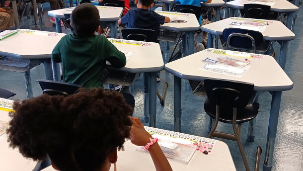 Students sit at their desks on the first day of classes in the Buffalo Public Schools district, Thursday, Sept. 3, 2026. Names, where legible, have been covered to preserve the students' privacy and safety.