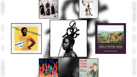 Artwork for three albums and four singles displayed in black square frames. 