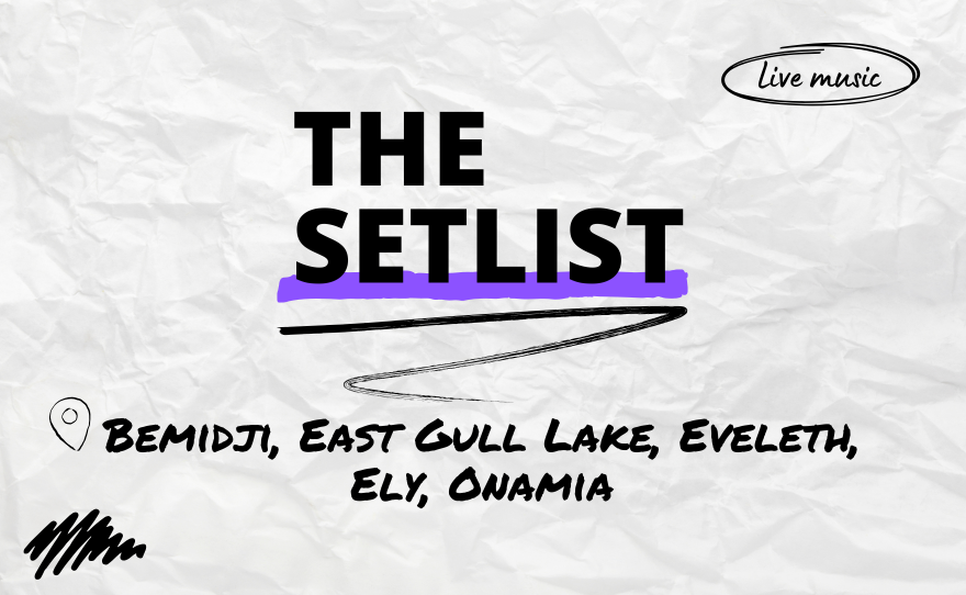 "The Setlist" and "Bemidji, East Gull Lake, Eveleth, Ely, Onamia" written over a crumpled paper background.