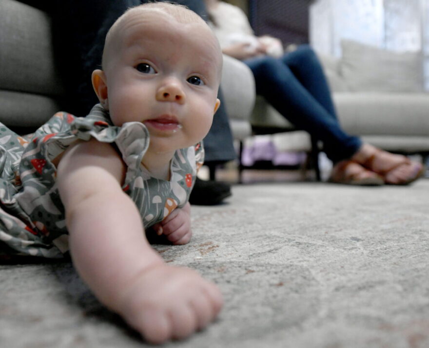 A baby holds its head up while lying on the floor