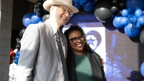 Council members Josh Borderud, left, and Andrea Baefield pose for a picture before the groundbreaking ceremony at the Bledsoe-Miller STEAM Center for Excellence on January 16, 2025.