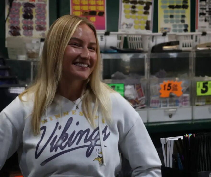 Sydni Schroeder talks with customers at Hank's Sports Bar and Grill. She used to work at Sky-Vu and said she hopes it reopens. "[It's] a big part of what brings in out-of-towners for sure. I don't know what else really brings people, so it's a pretty, pretty big deal." | MPR News