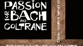 White text Passion for Bach and Coltrane on black background, with wooden cross image 