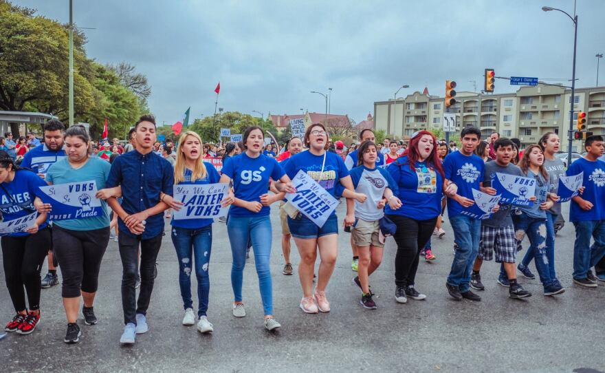 17 students from San Antonio's Lanier High School march at the 2018 César E. Chávez March for Justice to represent the 17 victims killed at Parkland High School on Feb. 14, 2018.