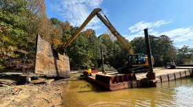The N.C. Wildlife Federation contracted Lancaster Custom Docks to remove large debris and reposition fallen trees to make Lake Norman safer for people and boats.
