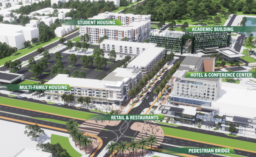 A rendering of Uptown Landing redevelopment shows buildings planned for the site from an aerial view. 