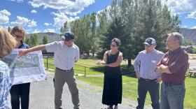 Michaela Craig and Jon Fredericks of planning firm LANDWEST Colorado present a site plan overview on the Cornerstone Christian Center campus on Monday. Clerk to the Eagle Board of County Commissioners Kathy Sciver and Commissioners Tom Boyd and Matt Scherr listen.